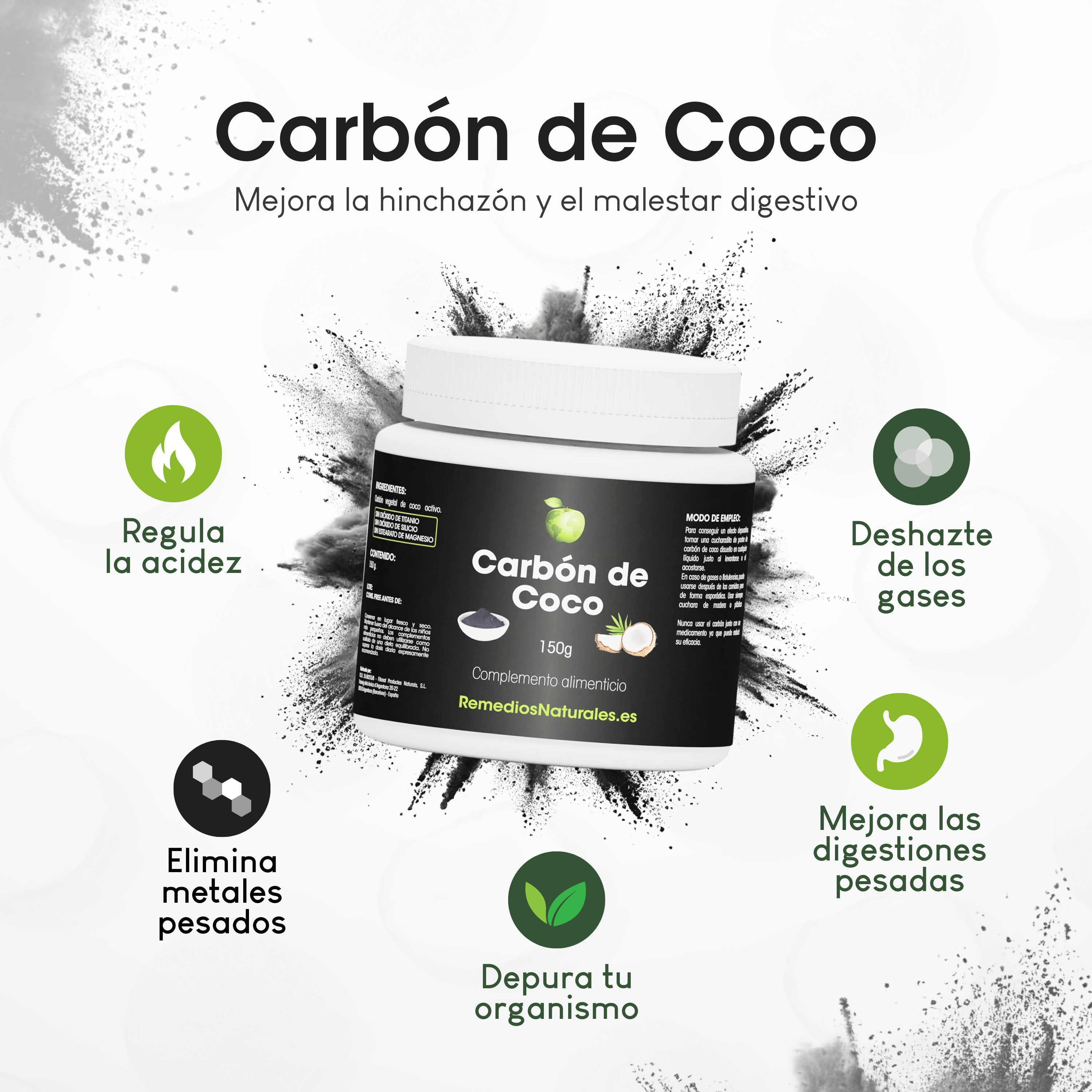 Carbón Vegetal de Coco - Polvo 150 gr. - Imagen 2