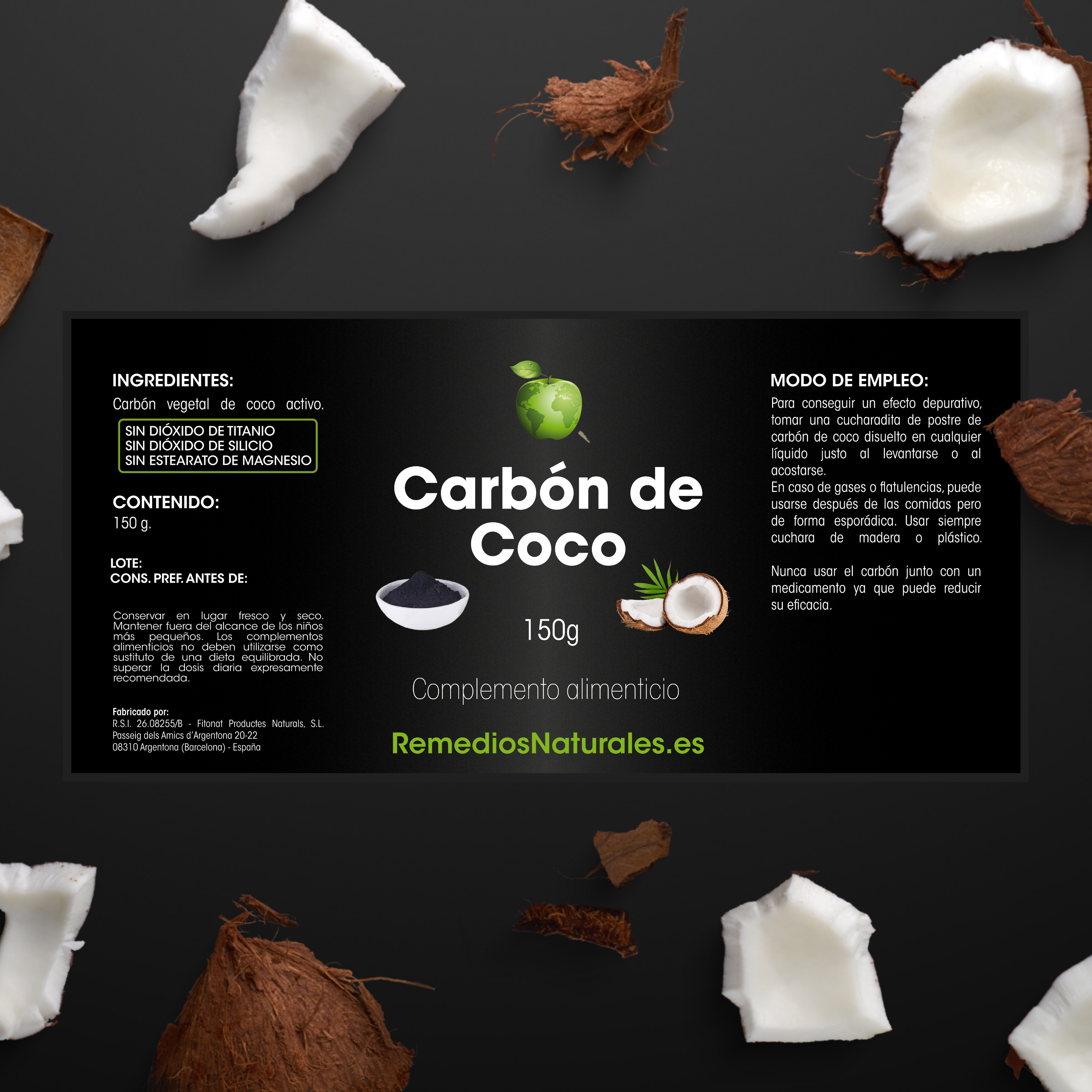 Carbón Vegetal de Coco - Polvo 150 gr. - Imagen 4