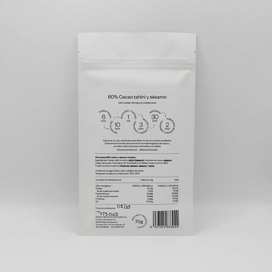 Chocolate negro con tahini y sésamo Kaicao - tableta 70g - Imagen 3