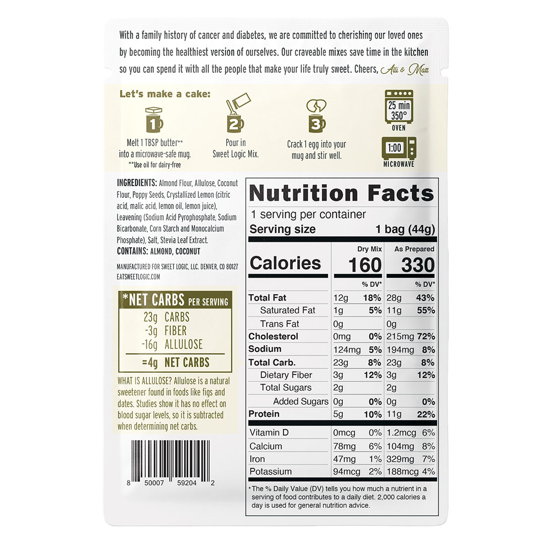 Mezcla para preparar Bizcocho en Taza, Sabor Limón con Semillas de Amapola, Keto, Libre de Gluten, 1 porción, Marca Sweet Logic - Imagen 2
