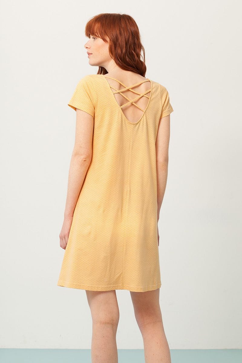 Vestido evasé amarillo estampado abanicos - Imagen 3