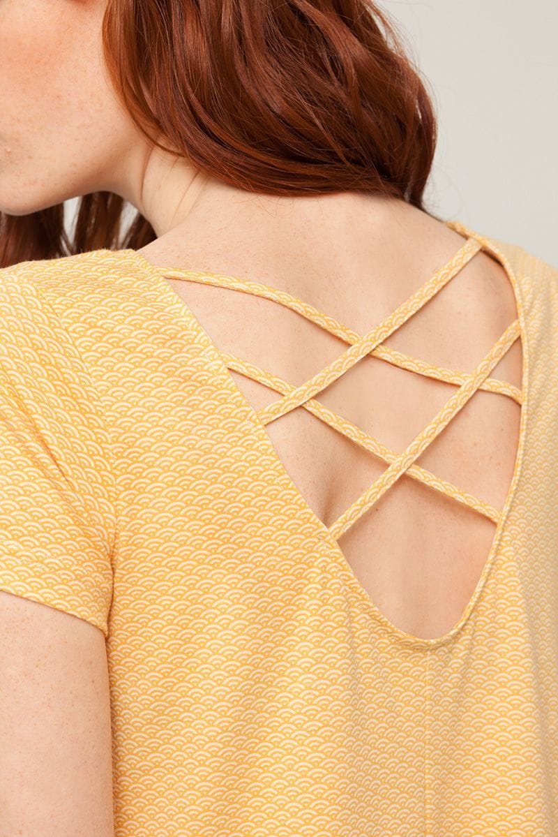 Vestido evasé amarillo estampado abanicos - Imagen 2